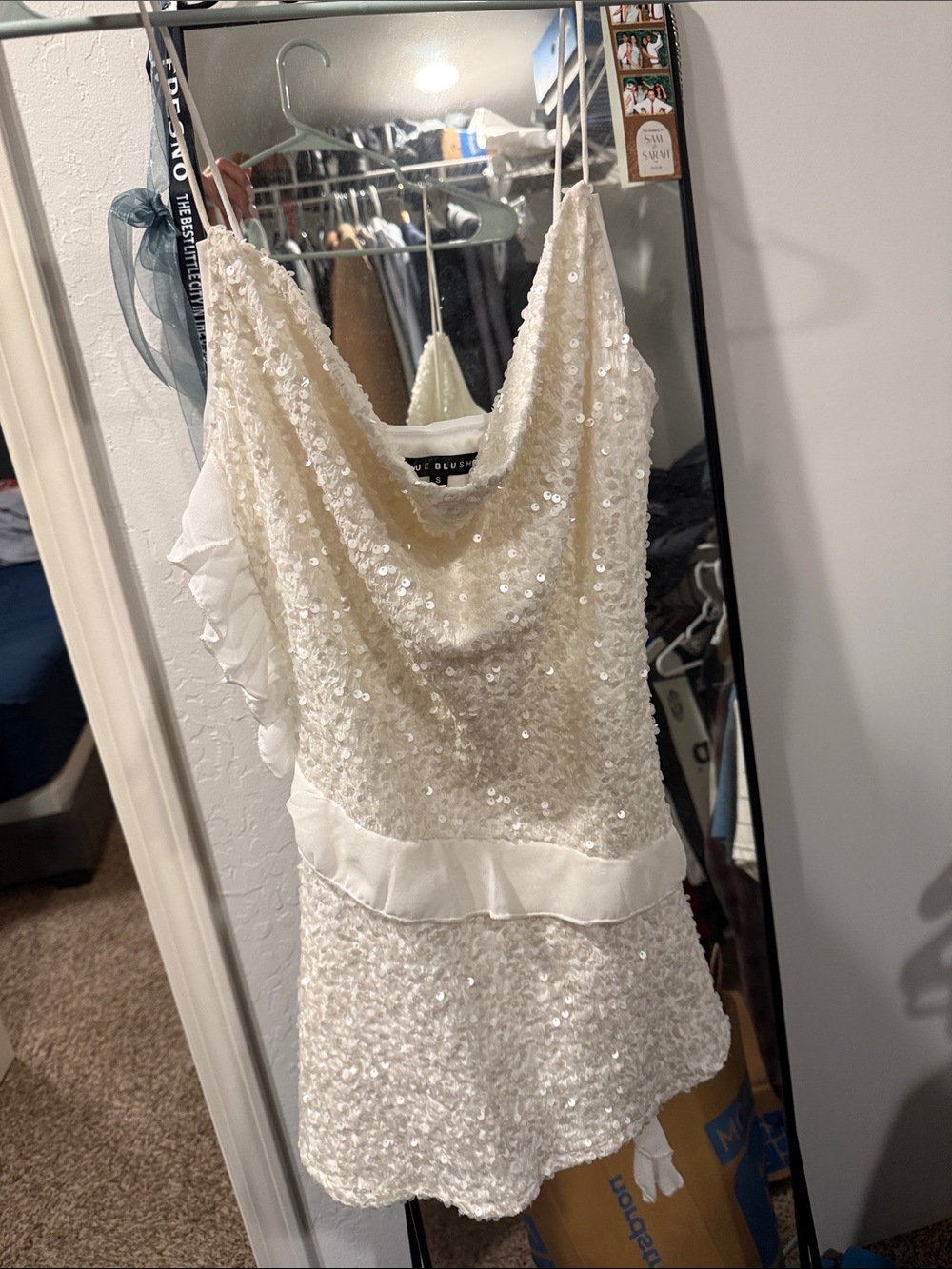Sequin Cowl Neck White Women’s Tank Top - Unbranded
